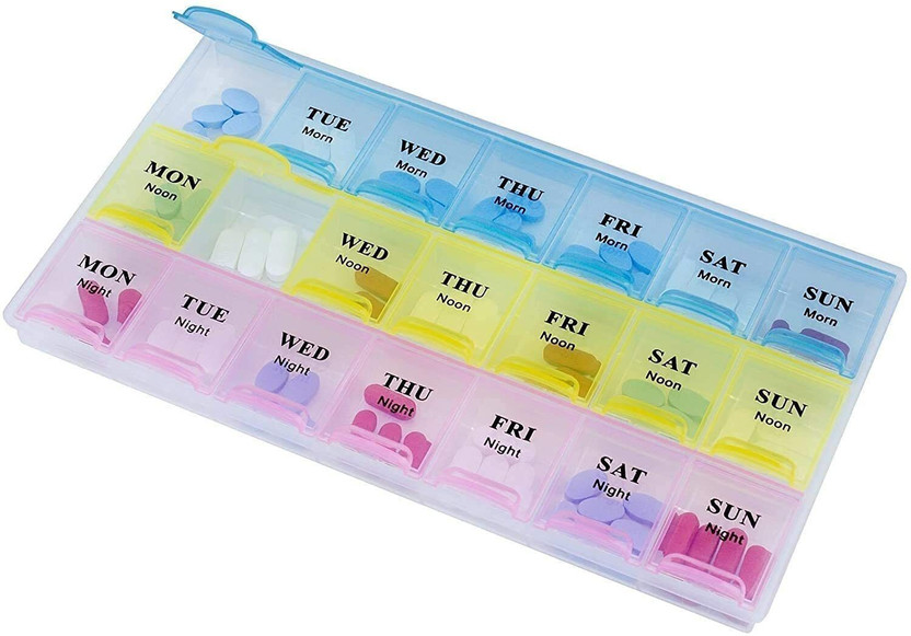 positive vibes 3-times x 7-days MONDAY to SUNDAY (Morning-Noon-Night) Medicine Pill organizer, 21 Compartment Pill Box(Multicolor)