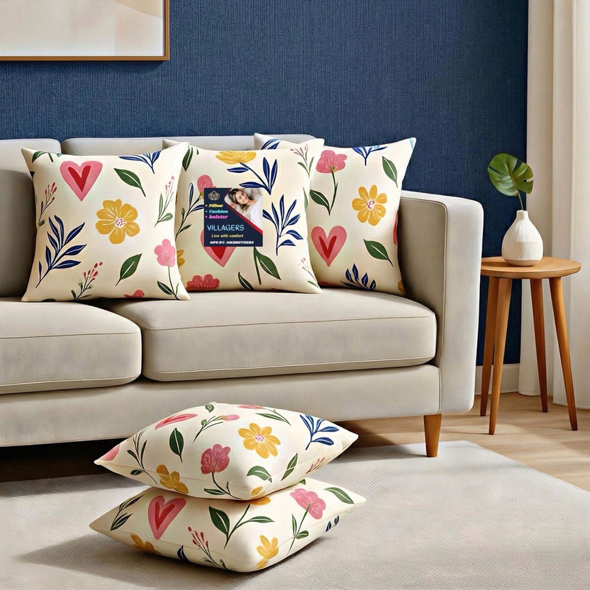 VILLAGERS Microfibre Cushion Pack of 5 Floral Premium Cushion Set | (16x16 inch)(Multicolor)