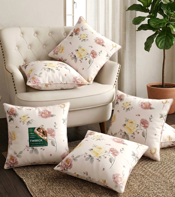 TWIROX Microfibre Cushion Pack of 5 Floral Premium Cushion Pillow(Multicolor)
