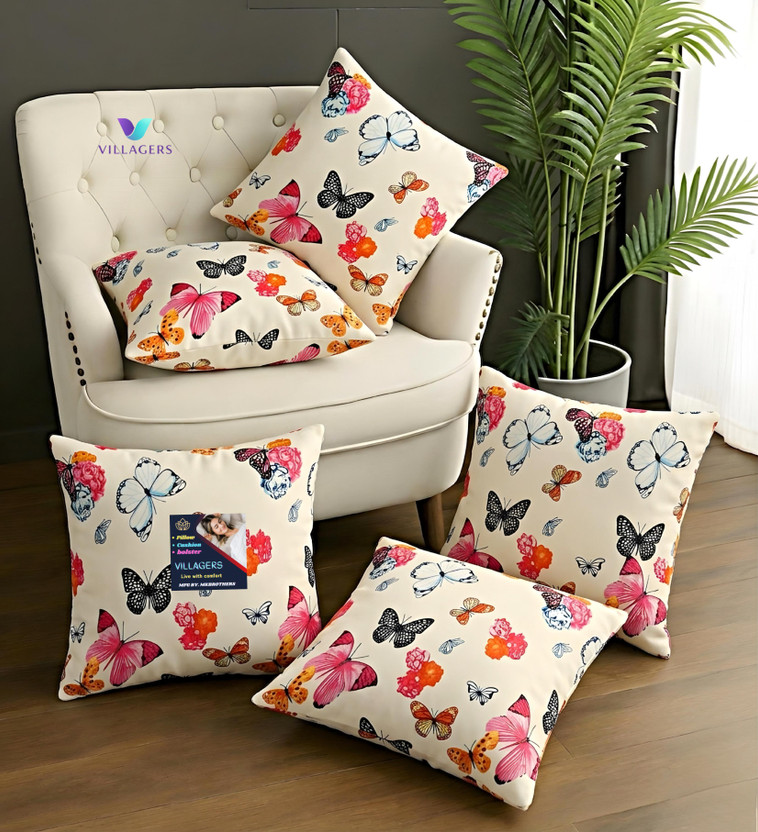VILLAGERS Microfibre Cushion Pack of 5 Floral Premium Cushion Set | (16x16 inch)(White, Pink)