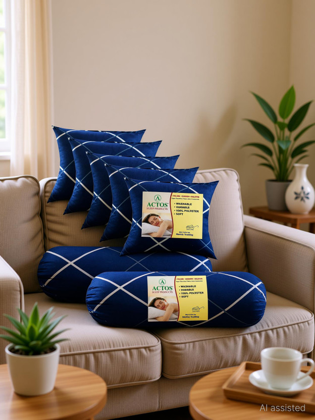 ACTOS Cotton Cushion Pack of 7 Floral 5 Cushion And 2(Blue1)