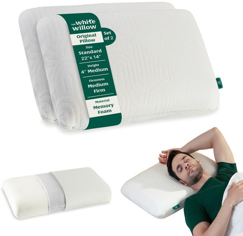 The White Willow Memory Foam Sleeping Pillow Pack of 2 Solid Regular Medium Firm Orthopaedic(White)