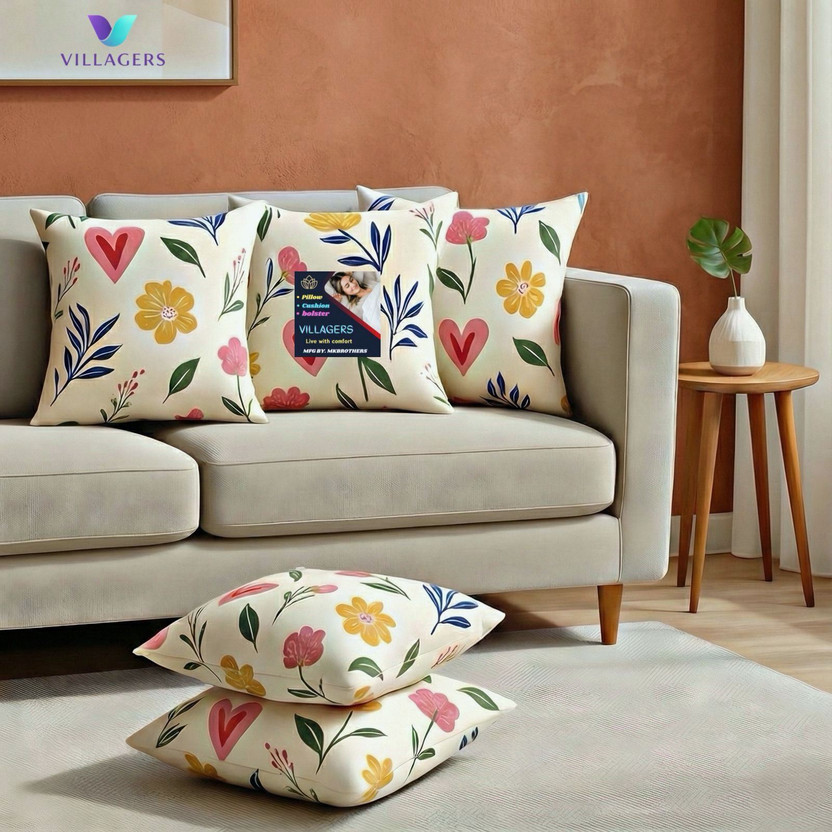 VILLAGERS Cotton Cushion Pack of 5 Floral Premium Cushion Set | (16x16 inch)(Multicolor)