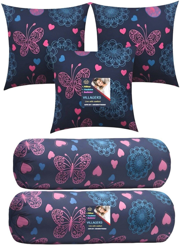 VILLAGERS Microfibre Bolster Pack of 5 Geometric 3 Cushion & 2 Bolster Set - Butterfly Print(Dark Blue)