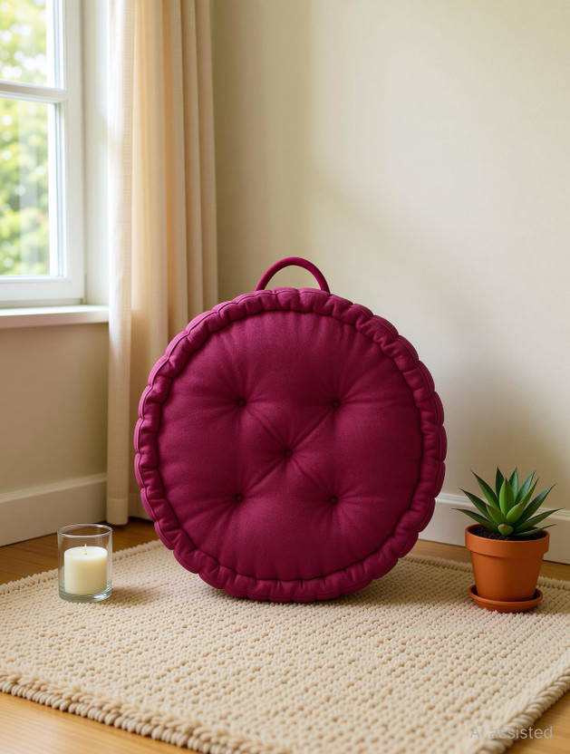 maatrikaa Cotton Floor Cushion Pack of 1 Solid Round-Tatami Cushion for Meditation, Reading, Sitting Room(18x18 Inch)(Maroon)