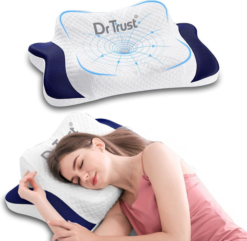 Dr Trust Memory Foam Sleeping Pillow Pack of 1 Solid USA Butterfly Orthopedic Pillow for Neck & Shoulder Pain Relief Contour Cervical(White and Blue)