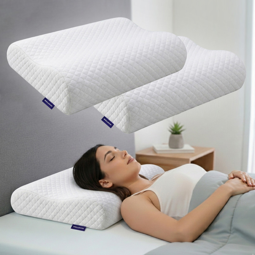 WELLGIVER Memory Foam Cervical Pack of 2 Geometric Cervical Contour Memory Foam Pillow, Stomached, Anti-Snoring, Side Sleepers(White)