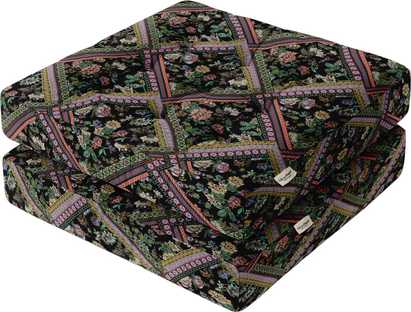 Vargottam Memory Foam Floor Cushion Pack of 2 Floral Tufted Floor Seating Cushion(Boho Floral Patchwork)