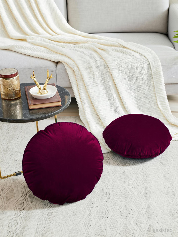 Angel Mommy Microfibre Cushion Pack of 5 Solid Luxurious Decorative Velvet Round Cushions(Wine)