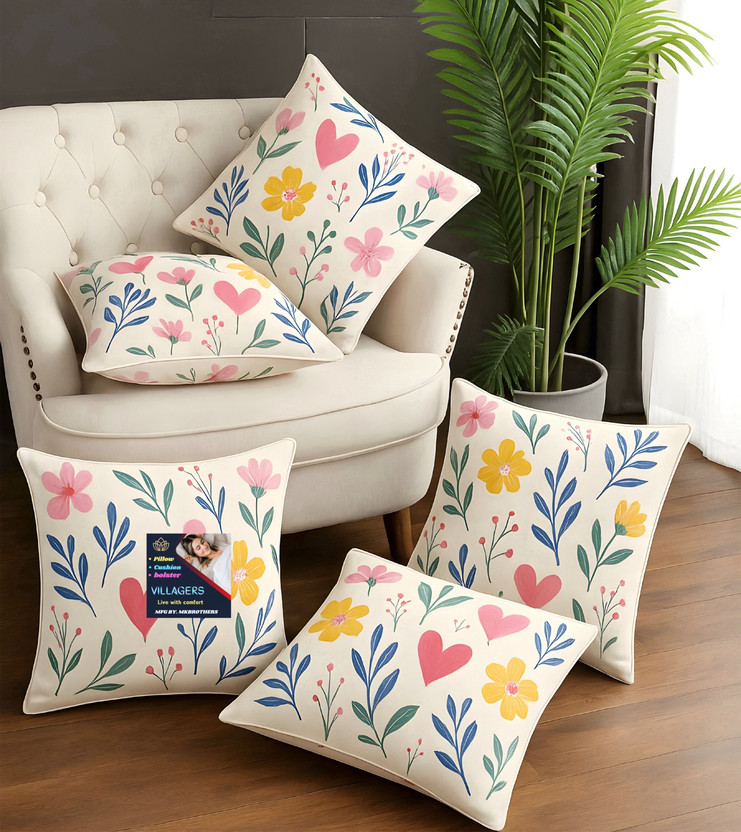 VILLAGERS Microfibre Cushion Pack of 5 Floral Premium Cushion Set | (16x16 inch)(Multicolor)