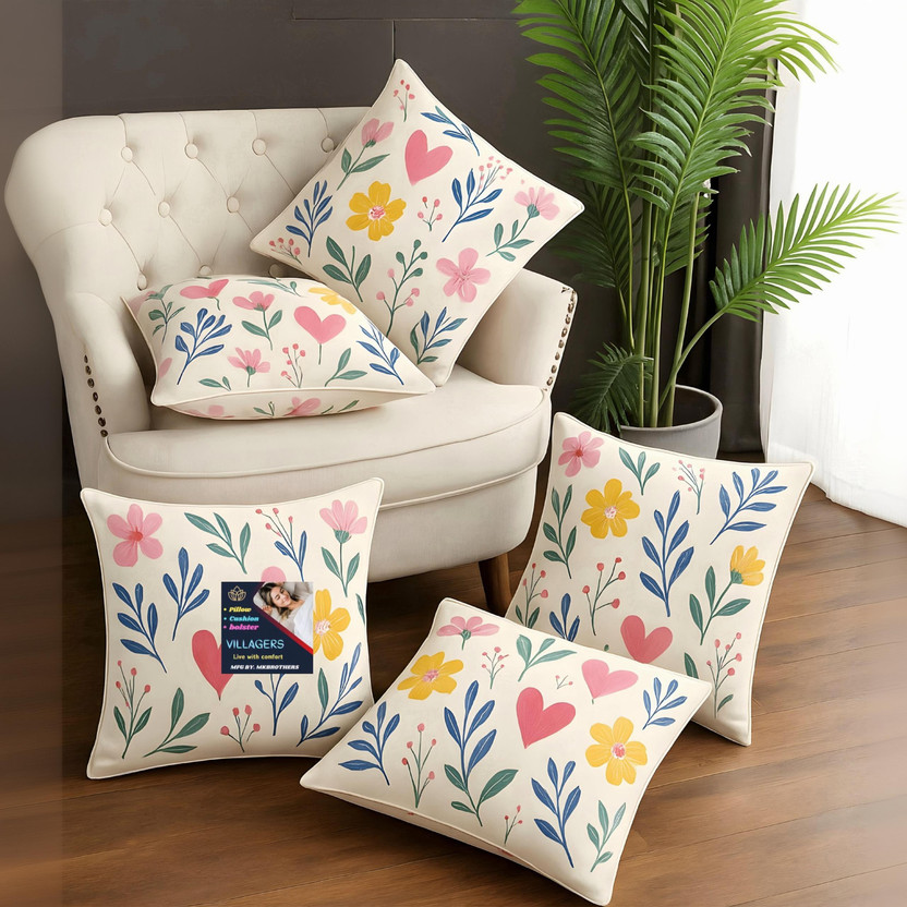 VILLAGERS Microfibre Cushion Pack of 5 Floral Premium Cushion Set | (16x16 inch)(Multicolor)