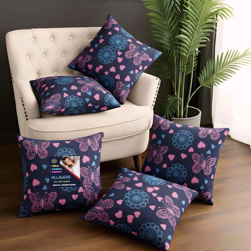 VILLAGERS Microfibre Cushion Pack of 5 Geometric Premium Cushion Set | (16x16 inch)(Dark Blue)