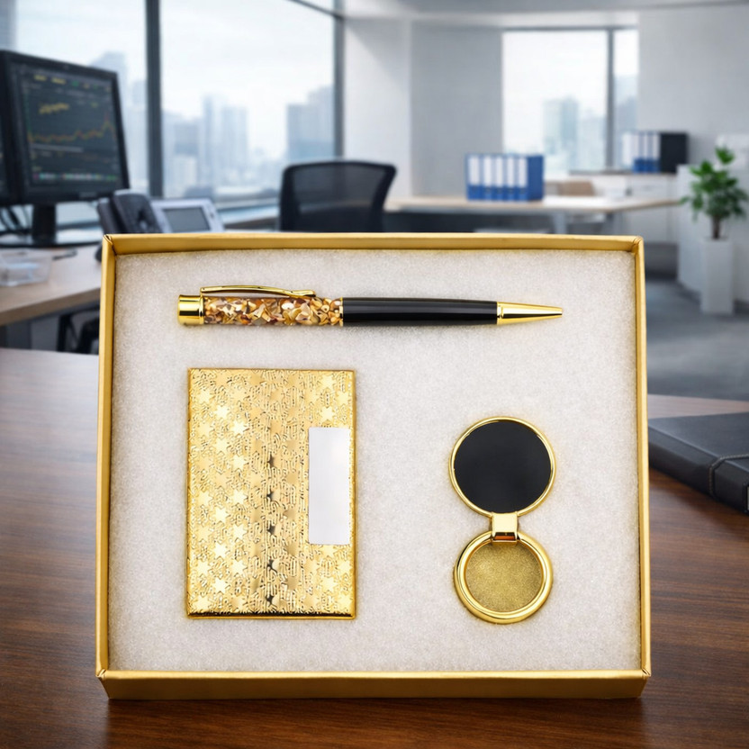 Celebr8 3 in 1 Corporate Gift Set with Clock, Crystal Pen & Business Card Holder Pen Gift Set(Pack of 3, Ink Color - Golden)