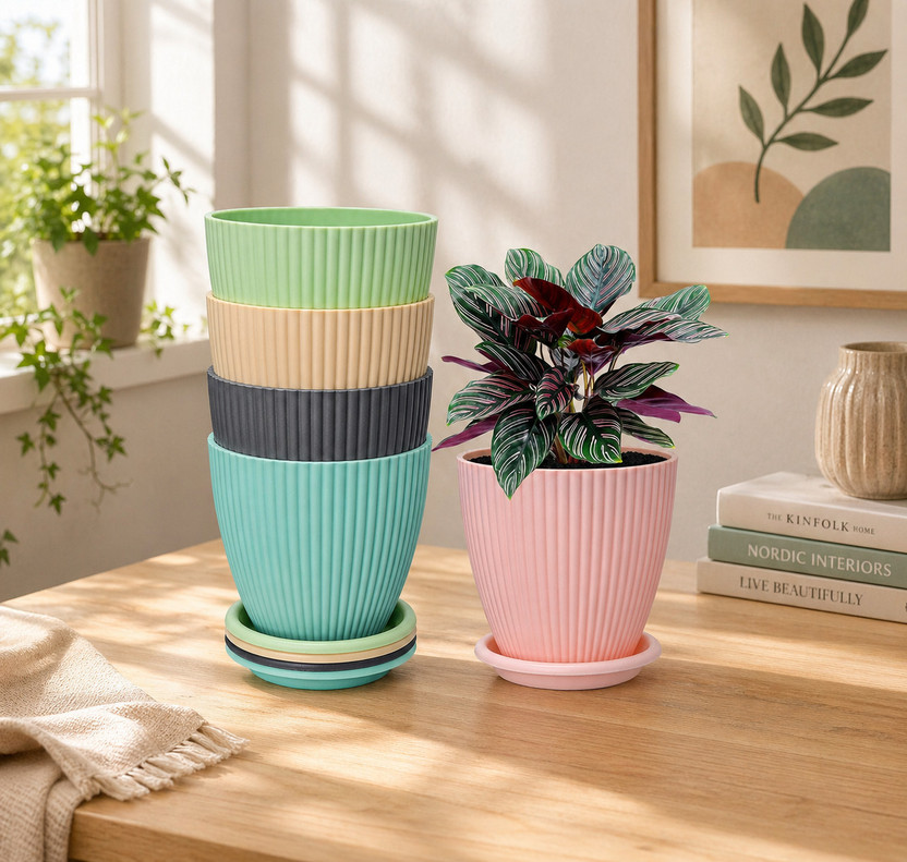 Flipkart SmartBuy Small Flower Pot Outdoor & Indoor Planters with Drainage Hole and Tray Plant Container Set(Pack of 5, Plastic)