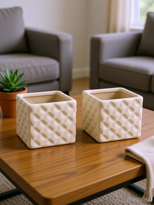 SajaoStore Planter - White Quilted Square Pot Plant Container Set(Pack of 2, Ceramic)
