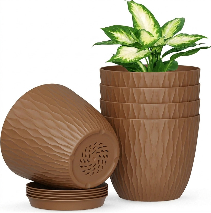 Stylex Store Unique Flower Pots Set Garden Plants Pots for Plants (Brown) Plant Container Set(Pack of 5, Plastic)