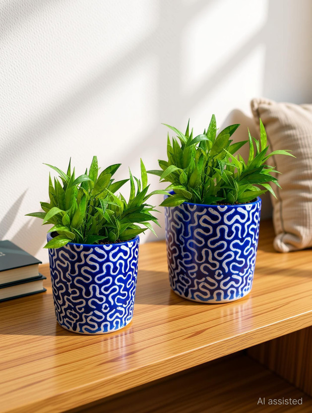 Gupta Homes Blue RD 1 Pipe Ceramic Pot GH0022-01_Packof2 Plant Container Set(Pack of 2, Ceramic)