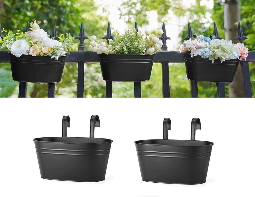 PRIME KRAFTS 12 INCH Anti Rust Railing Oval Planter for Balcony and Garden, Pack of 2 Plant Container Set(Pack of 2, Metal)