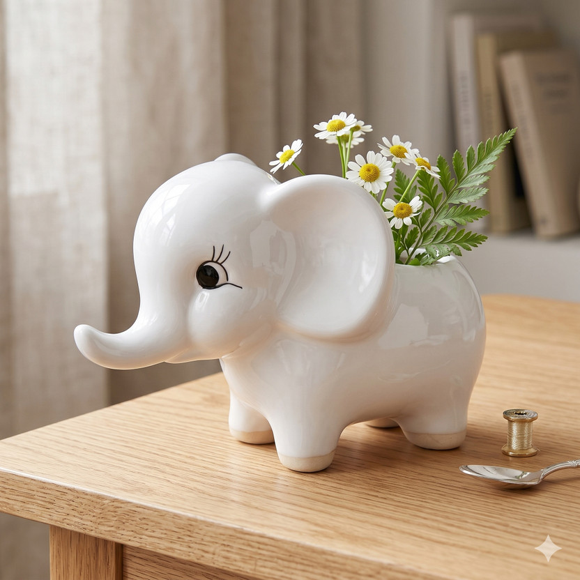 Handecora Handecora 6-Inch Handmade Ceramic White Elephant Planter Plant Container Set(Ceramic)