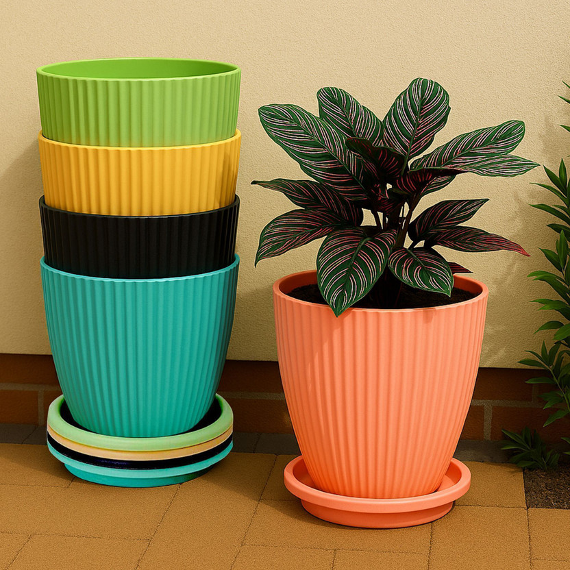 Flipkart SmartBuy Small Flower Pot Outdoor & Indoor Planters with Drainage Hole and Tray Plant Container Set(Pack of 5, Plastic)