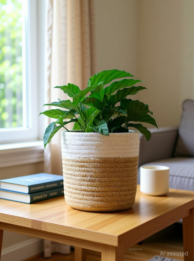 DYARCHY Cotton Rope Plant Basket | Foldable Storage Basket for Indoor Plants Plant Container Set(Pack of 2, Fabric)