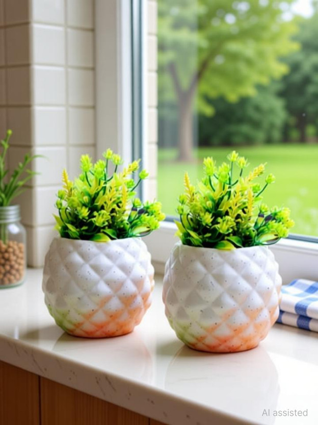 Nayi Umang White Pineapple Small Bowl Ceramic Pot Plant (Pack Off 2) Plant Container Set(Pack of 2, Ceramic)