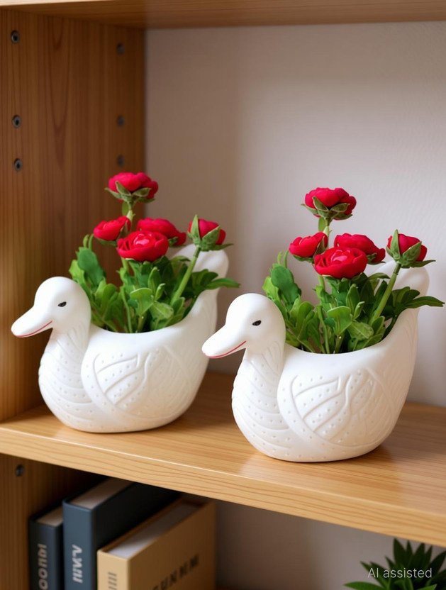 Varshney Gardening Duck Pot Plastic White Flower Pot | Indoor and Outdoor Use | Elegant Home Decor Plant Container Set(Pack of 2, Plastic)