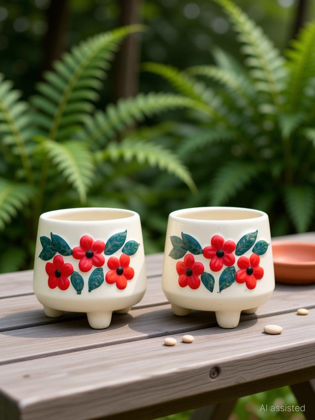 SajaoStore Sajaostore BlossomArt Hand-Painted Floral Ceramic Pot – Set of 2 Plant Container Set(Pack of 2, Ceramic)