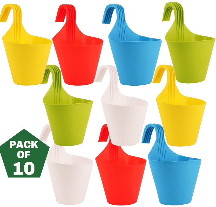 Gardeningwala Hanging/Railing Pots for Flower Ideal for Outdoor Balcony (Multicolor) Plant Container Set(Pack of 10, Plastic)