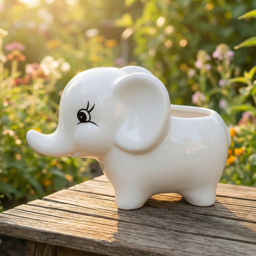 The Urban Clay House Ceramic Elephant Planter | Glossy Cute Animal Pot for Succulents Plant Container Set(Ceramic)