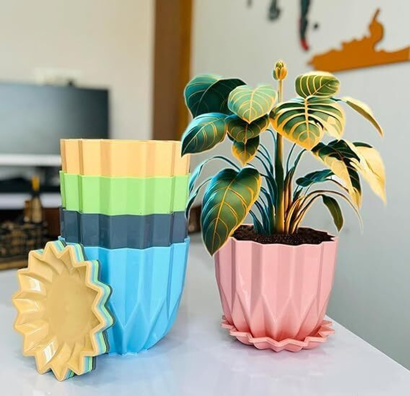 COULERS Crystal Flower Pots with tray for Home & Planters, Garden Plant Container Set Plant Container Set(Pack of 5, Plastic)