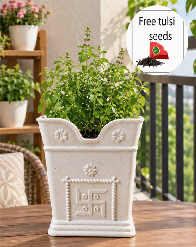 pegrenny pegrenny Tulsi Pot With Free Seed , Om & Swastika Design Tulsi Planter , Garden Décor Plant Container Set(Plastic) - Flipkart Deal
