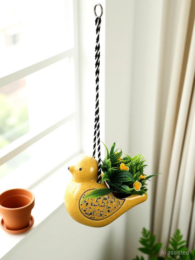 Justoriginals Hanging Bird Ceramic Flower Pot (Color : Yellow) Plant Container Set(Ceramic)