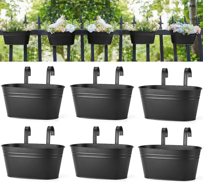 PRIME KRAFTS 12 INCH Anti Rust Railing Oval Planter for Balcony and Garden, Flowerpot Holder Plant Container Set(Pack of 6, Metal)