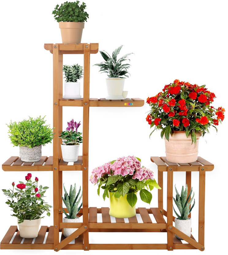 Livzing 6 Tier Bamboo Plant Stand - Wooden Flower Pot Holder for Indoor Outdoor - Multifunctional Corner Display Storage Rack for Balcony Home Garden Living Room Plant Container Set(Wood)
