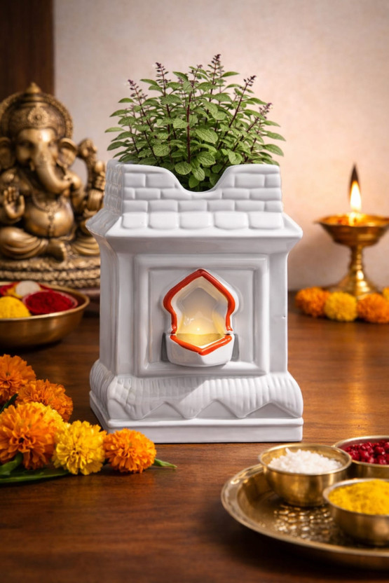 Vaachi Creations New Designer Tulsi Pot – VastuFriendly, DurablePlanter for Home Temple - 10 Inch Plant Container Set(Ceramic)