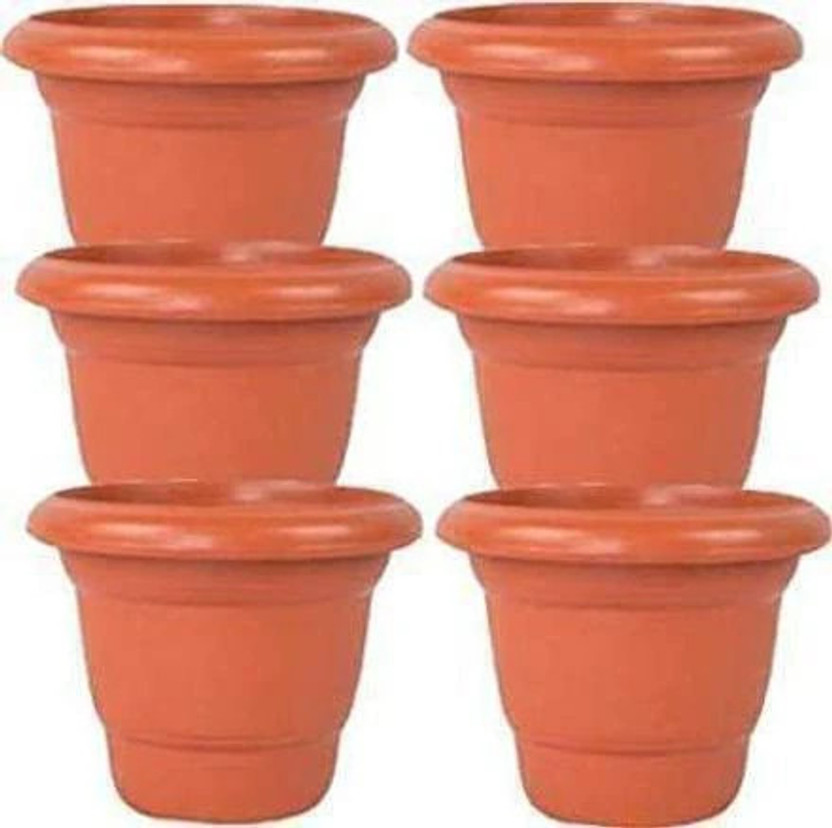 Ramanuj 8 inch Gamle Heavy Duty Round Gardening Flower Pots Plant Container Set(Pack of 6, Plastic)