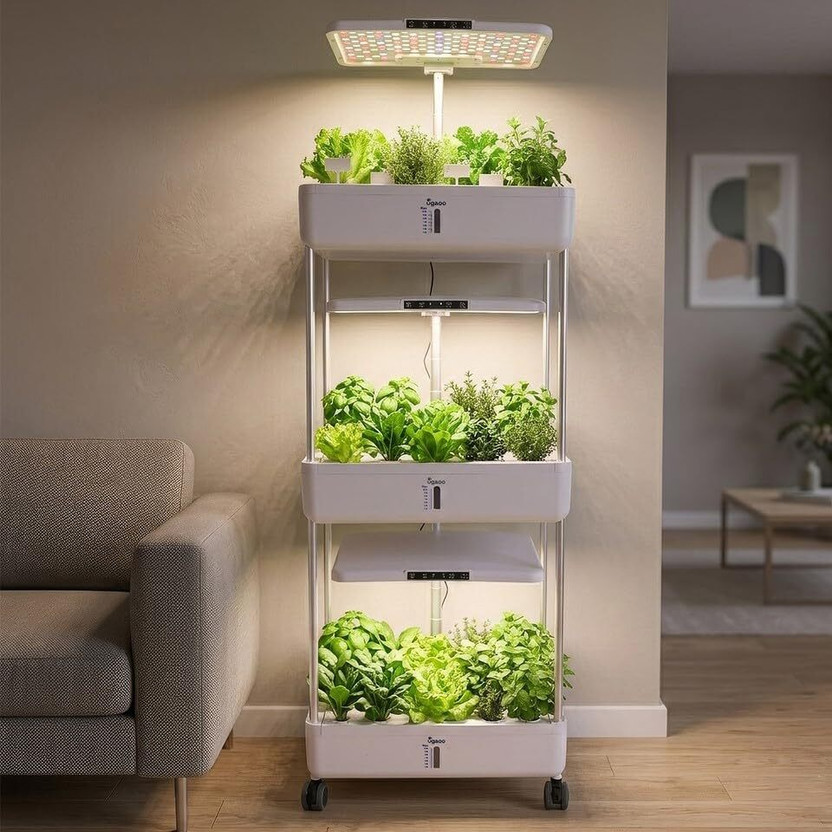 UGAOO Indoor 3 Tier Hydroponic Growing System with LED Light Garden Kit Plant Container Set(Plastic)