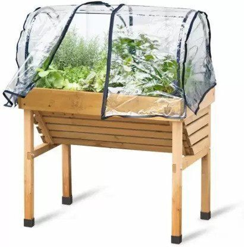 Vegtrug Mini Wallhugger Home Farm Kit with Greenhouse Frame & Cover for Balcony Terrace Plant Container Set(Wood)