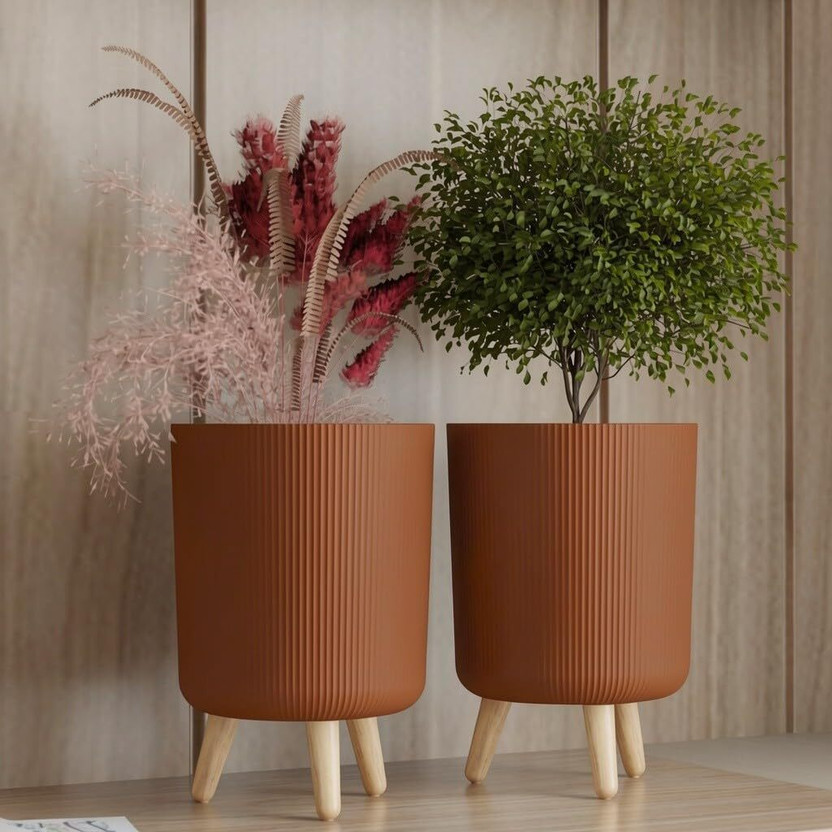 FORWAY Flower Pot Indoor Outdoor Planter for Home Garden Balcony | Wood Plant Container Set(Pack of 2, Plastic)