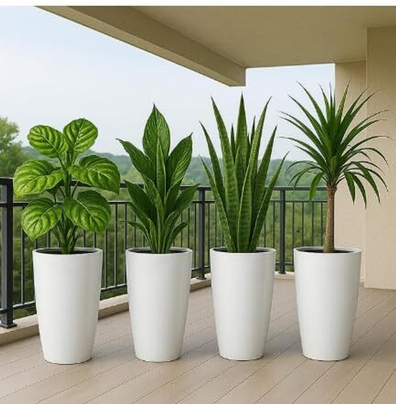 TONO 8 Inch Tower Pot Indoor-Outdoor:Flower Pot :Gamla for Balcony:Plain Tower White Plant Container Set(Pack of 4, Plastic)
