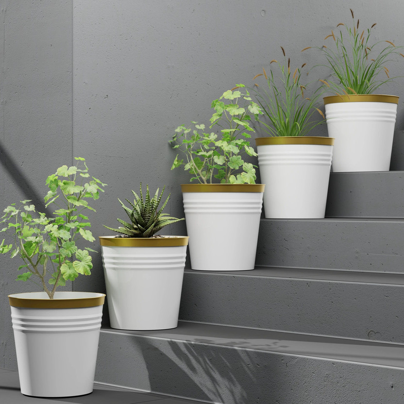FORWAY 7 inches Shiny Planters for Living Room, Flower Pots for Home Decoration Plant Container Set(Pack of 5, Plastic)