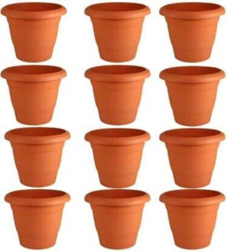 Ramanuj Pack of 12 Heavy Duty Unbreakable Plastic High Quality Future GREEN Gardening Flower Pots-7.5 Inch | Round Garden Plastic Planters Plant Container Set Gamla Pot for Garden and Balcony Flowering (Pack of 12, Plastic) Brown Plant Container Set For Indoor/ Outdoor Future Green High Quality Roun