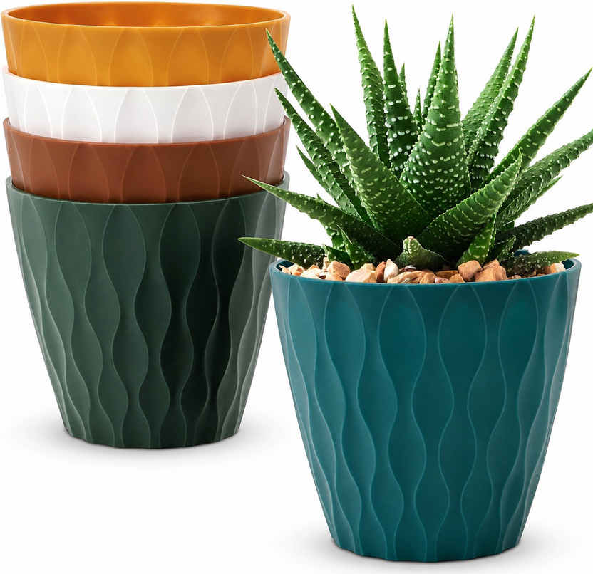 Ramanuj Wave Design Flower Pots for Home & Garden | Lightweight Plastic Planters Plant Container Set(Pack of 5, Plastic)