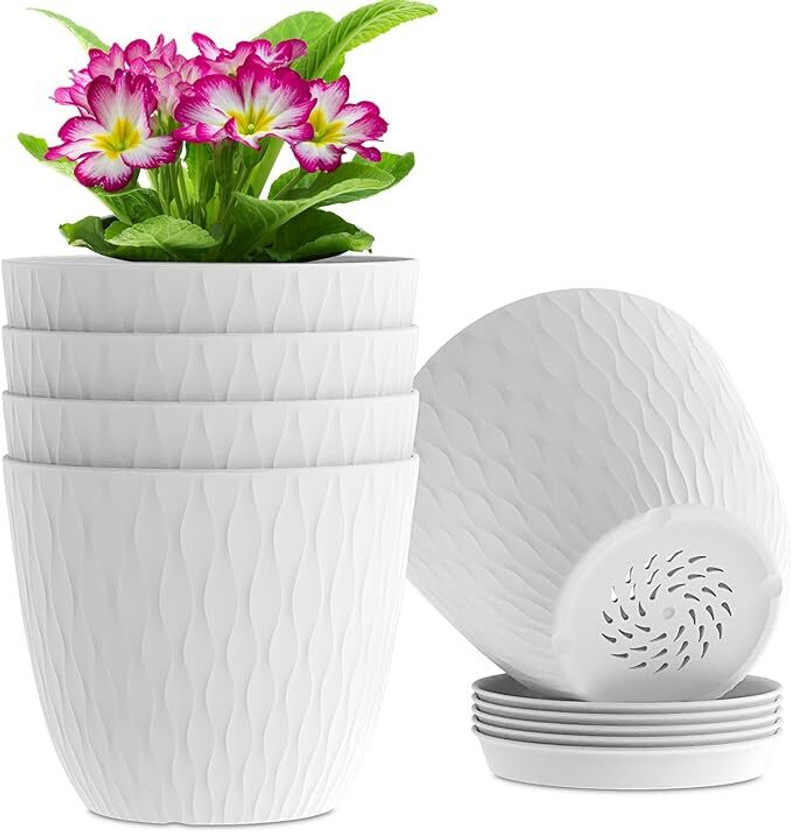 Stylex Store Unique Flower Pots Set Garden Plants Pots for Plants (White) Plant Container Set(Pack of 5, Plastic)