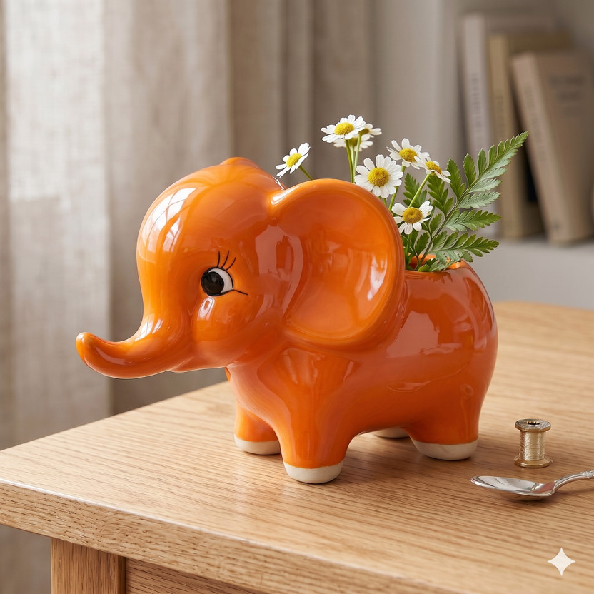 Handecora 6-Inch Handmade Ceramic Orange Elephant Planter Plant Container Set(Ceramic)
