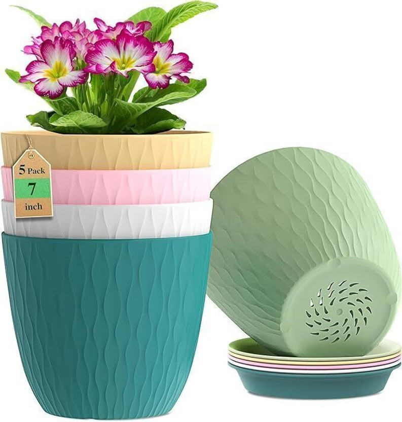 Vrajpolyplast Plastic Round Flower Pots for Home Planters, Terrace, Garden Indoor & Outdoor Plant Container Set(Pack of 5, Plastic)