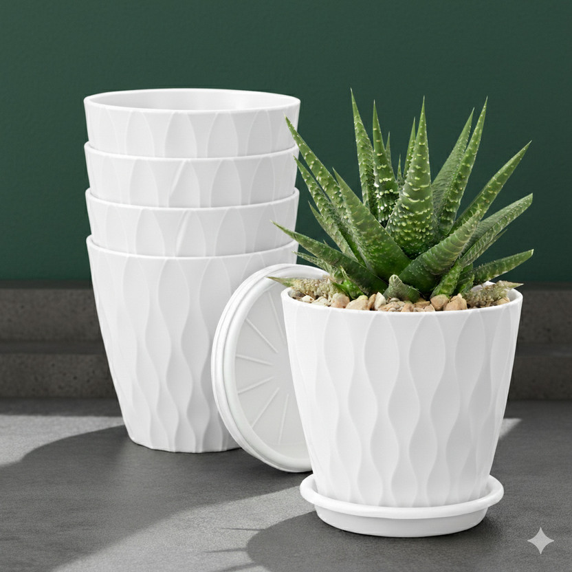 Athrvaplants Elegant Wave Pattern Indoor Plant Pots | 6.5 Inch | White Colour Plant Container Set(Pack of 5, Plastic)