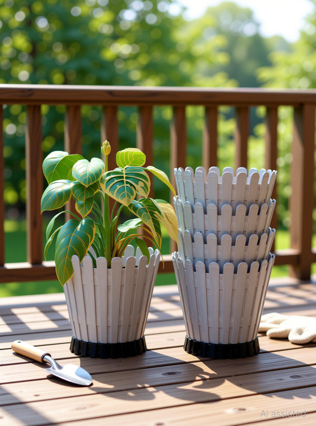 Hi-MaK Decorative Round Planter Pot with Picket Design, Grey with Black Base Plant Container Set(Pack of 5, Plastic)