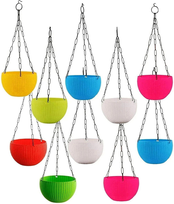 BGE Groot Plastic Woven look Hanging Pot with Chain Plastic Flower Pot Pack of 10 Plant Container Set(Pack of 10, Plastic)